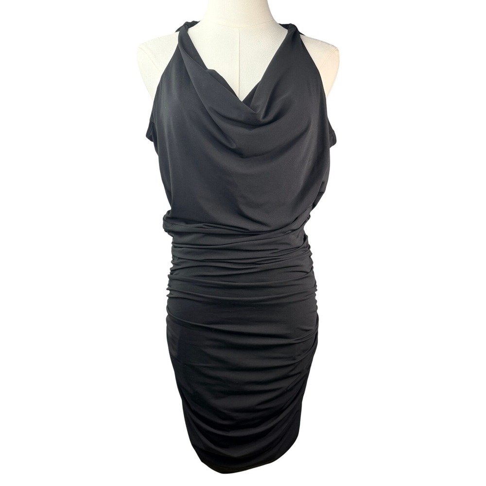 BCBGMAXAZRIA Jaide Black Ruched Cowl Neck Halter Bodycon Dress DXJ6X241 Size M